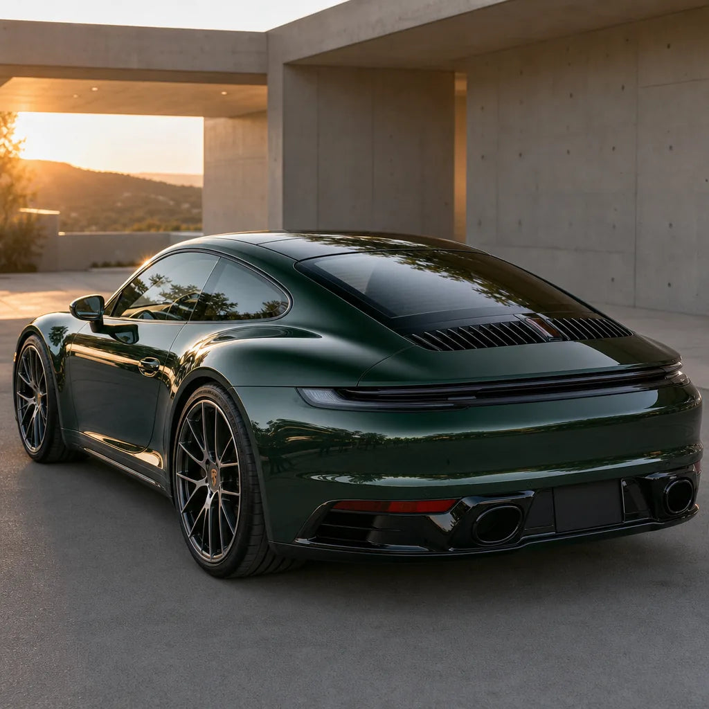 Luxury car wrapped in Olive Green gloss colored PPF at golden hour | Veloro
