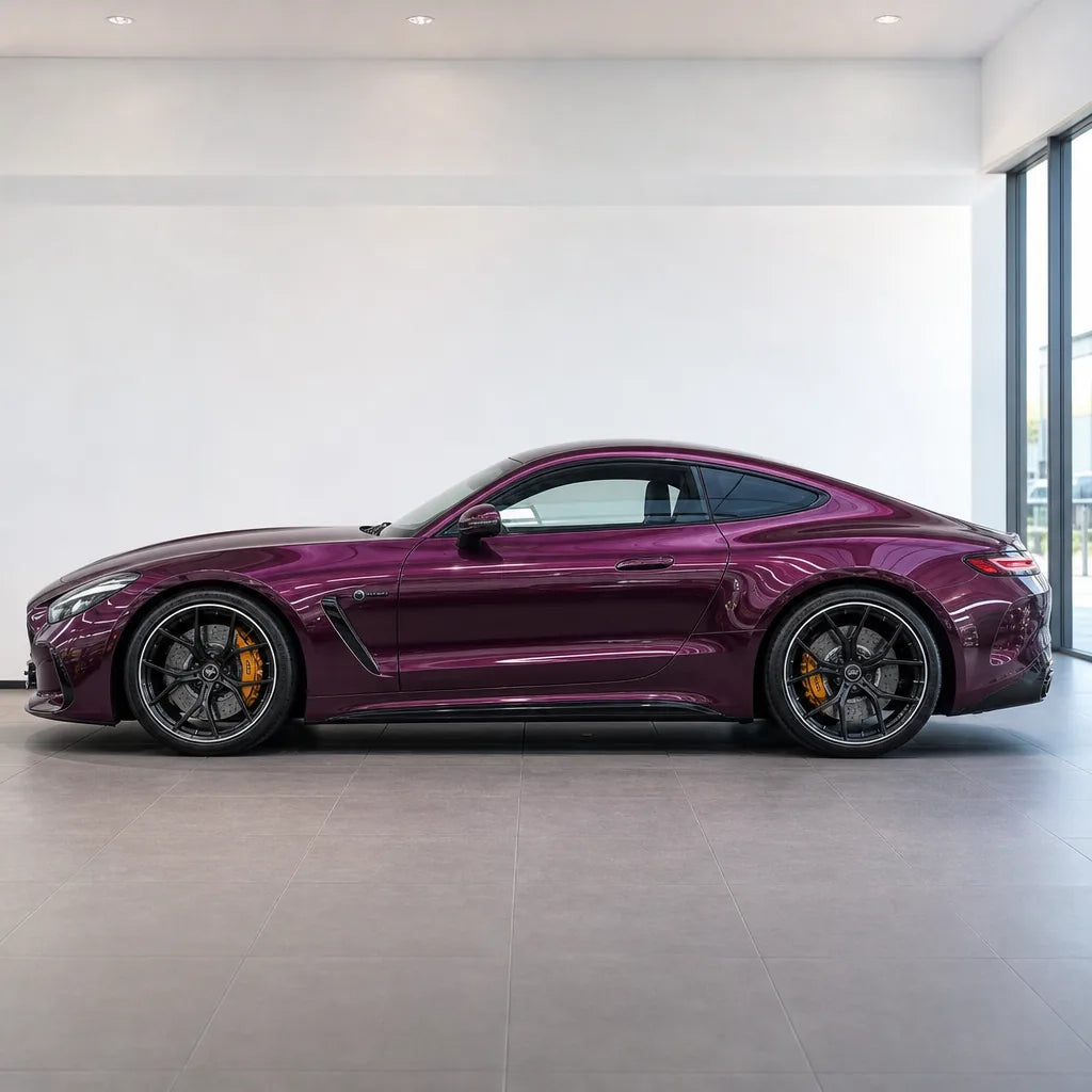 Paint Amethyst gloss colored PPF wrapped on a Mercedes-AMG GT side profile | Veloro