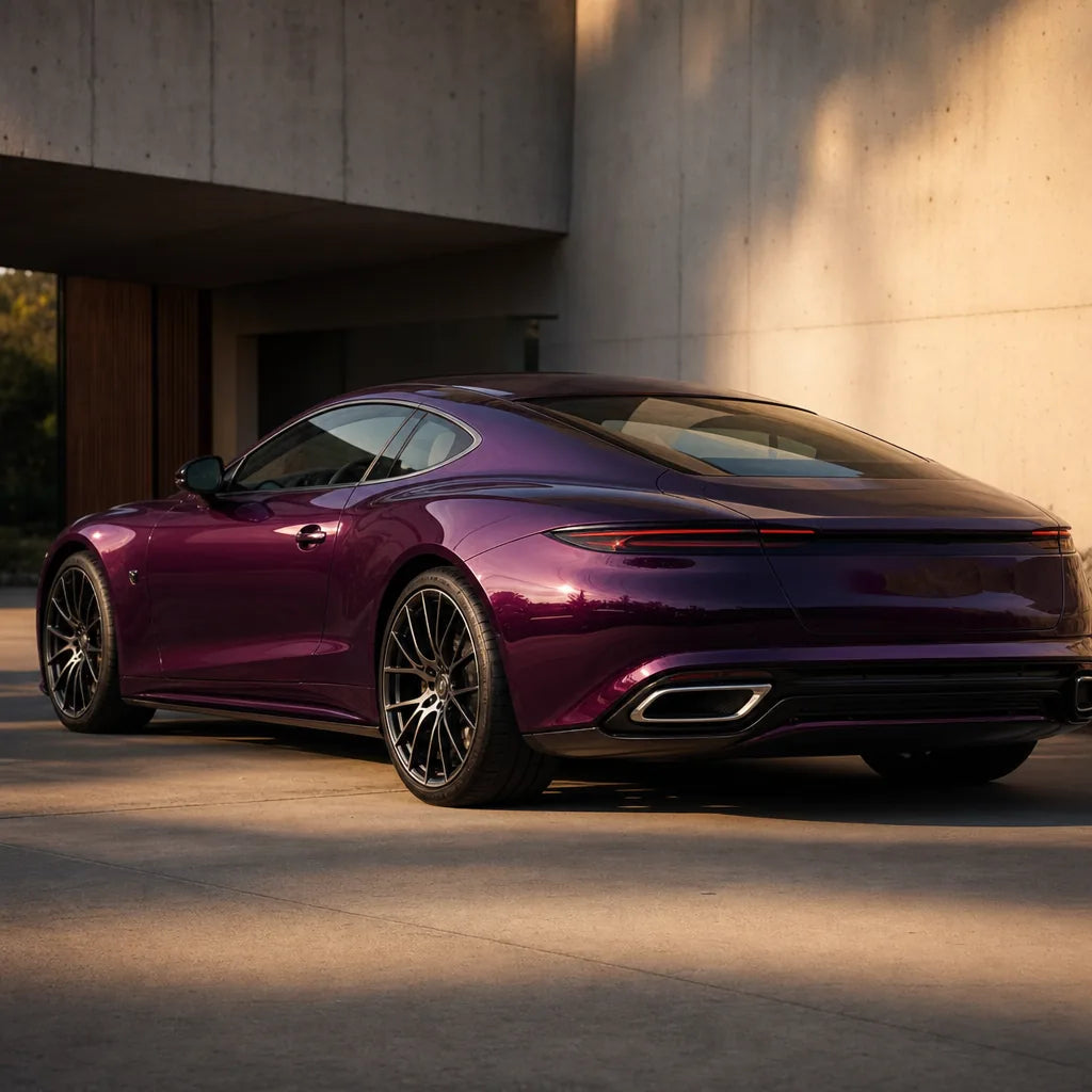 Luxury car wrapped in Paint Amethyst gloss colored PPF at golden hour | Veloro
