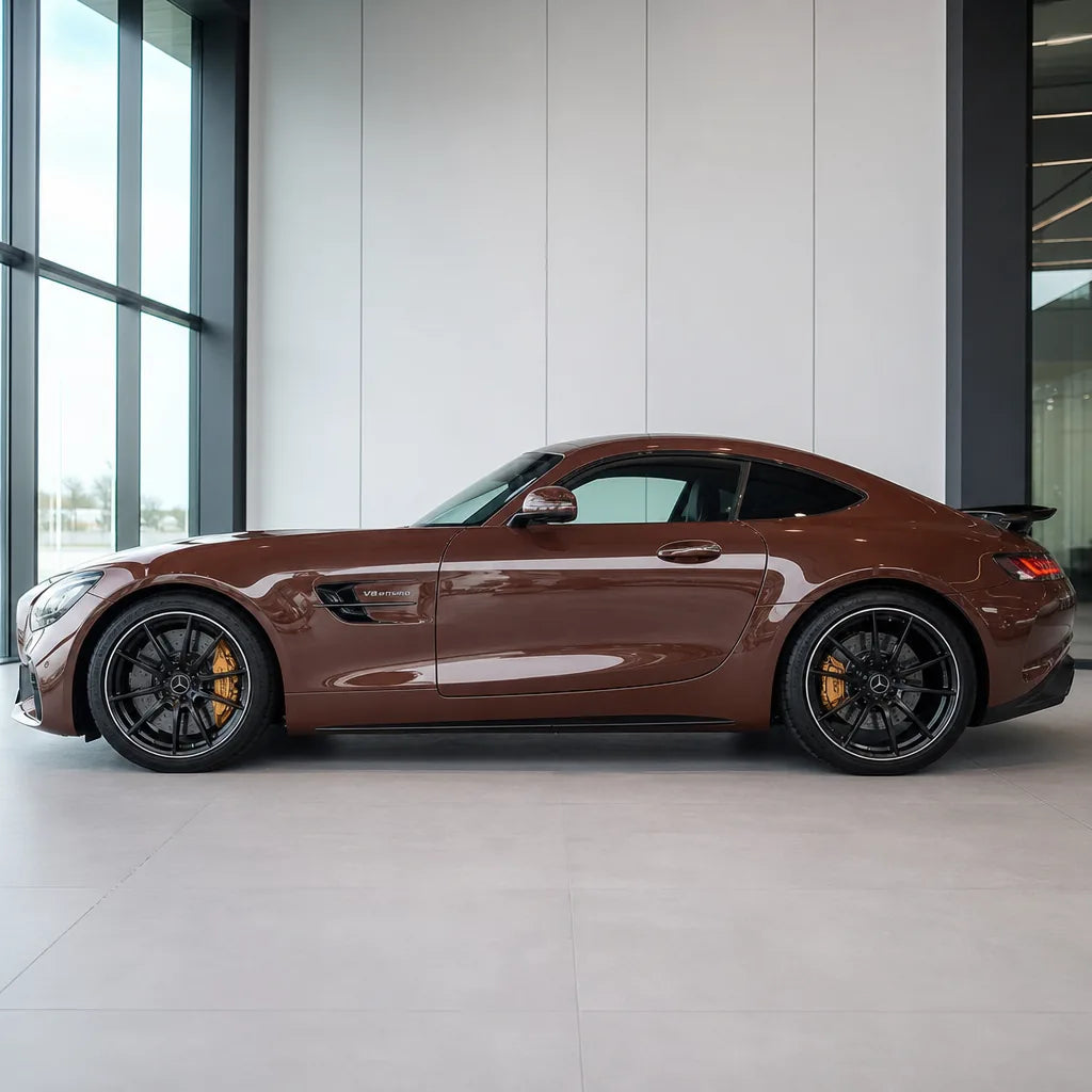 Paint Chocolate gloss colored PPF wrapped on a Mercedes-AMG GT side profile | Veloro