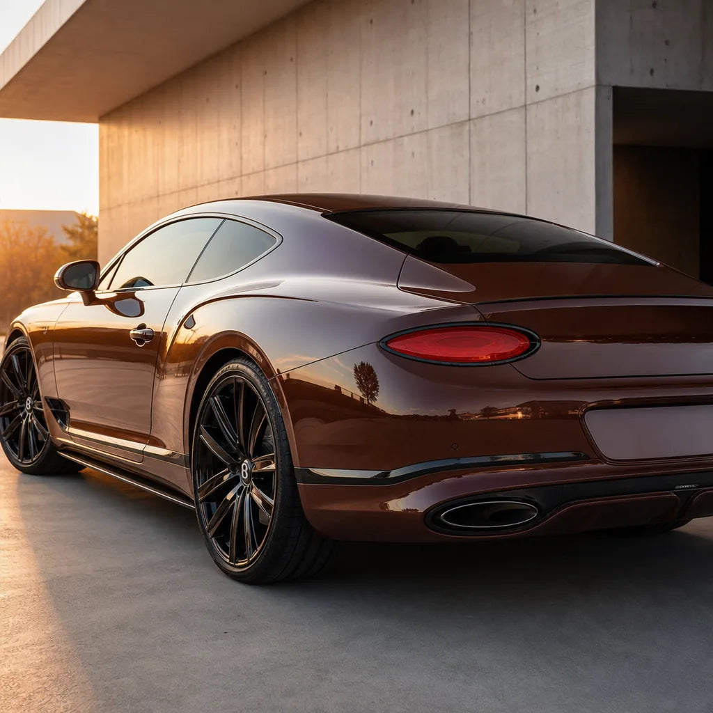 Luxury car wrapped in Paint Chocolate gloss colored PPF at golden hour | Veloro