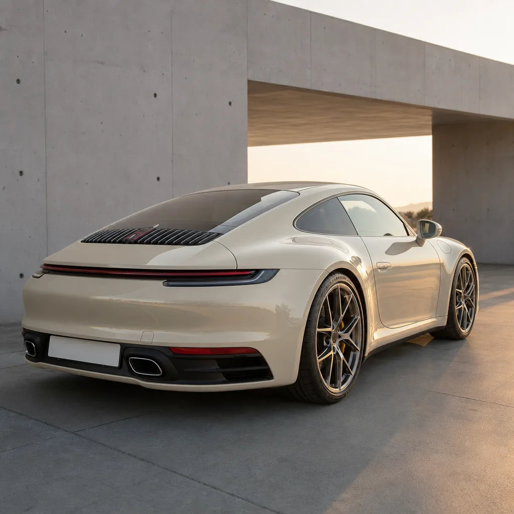 Luxury car wrapped in Pearl White gloss colored PPF at golden hour | Veloro
