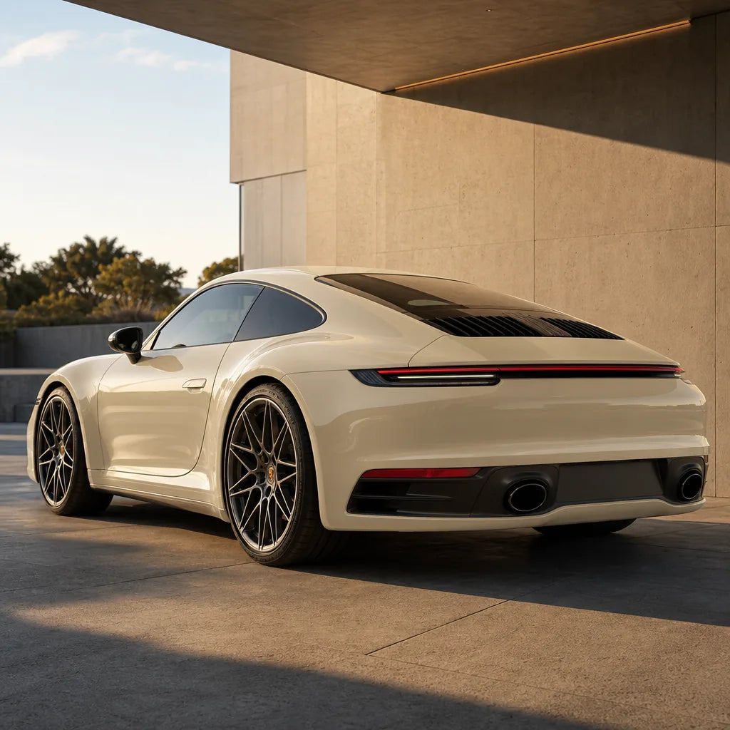 Luxury car wrapped in Pepper White gloss colored PPF at golden hour | Veloro