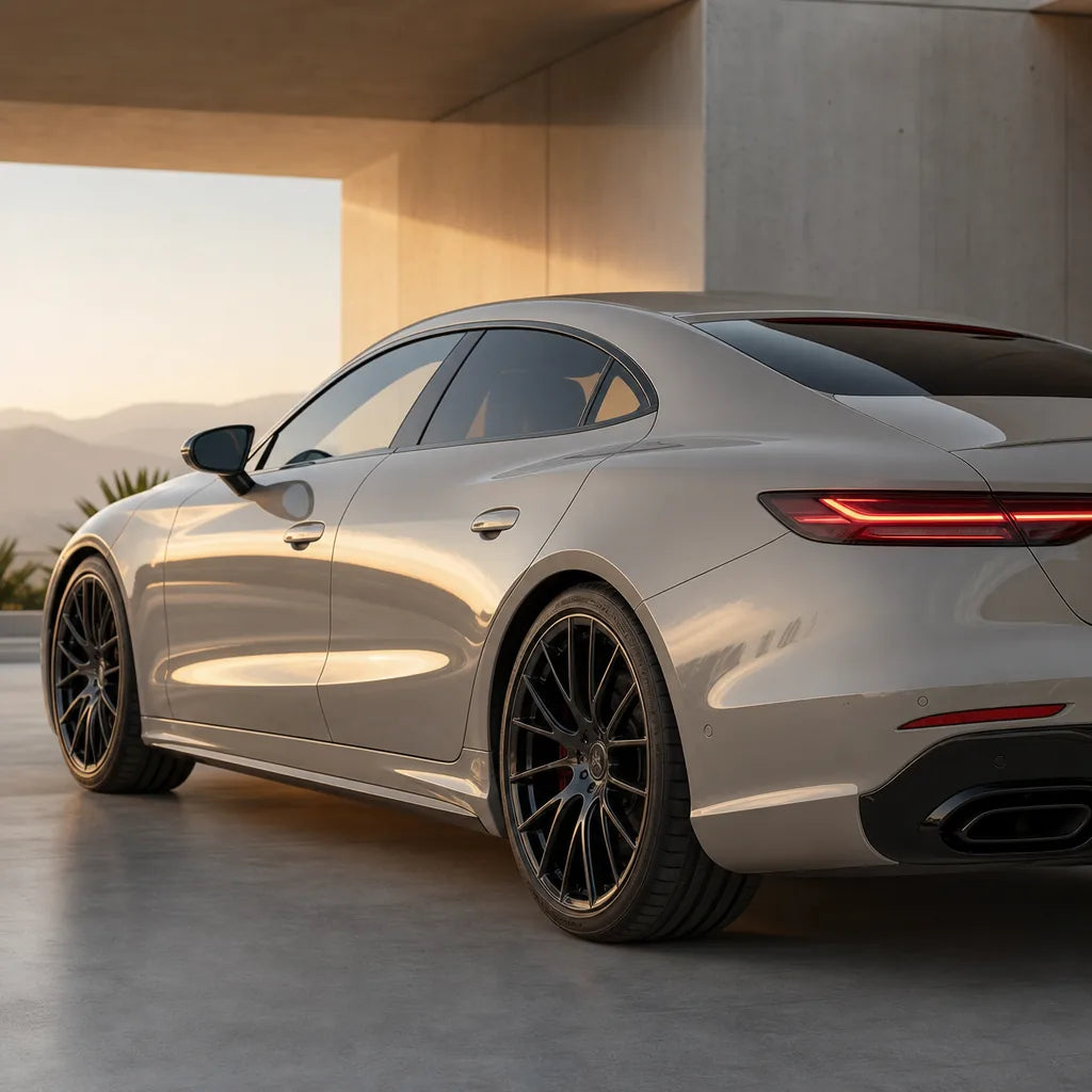 Luxury car wrapped in Porsche Grey gloss colored PPF at golden hour | Veloro