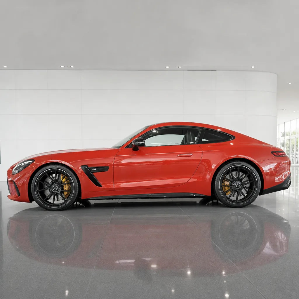 Porsche Lava Orange gloss colored PPF wrapped on a Mercedes-AMG GT side profile | Veloro