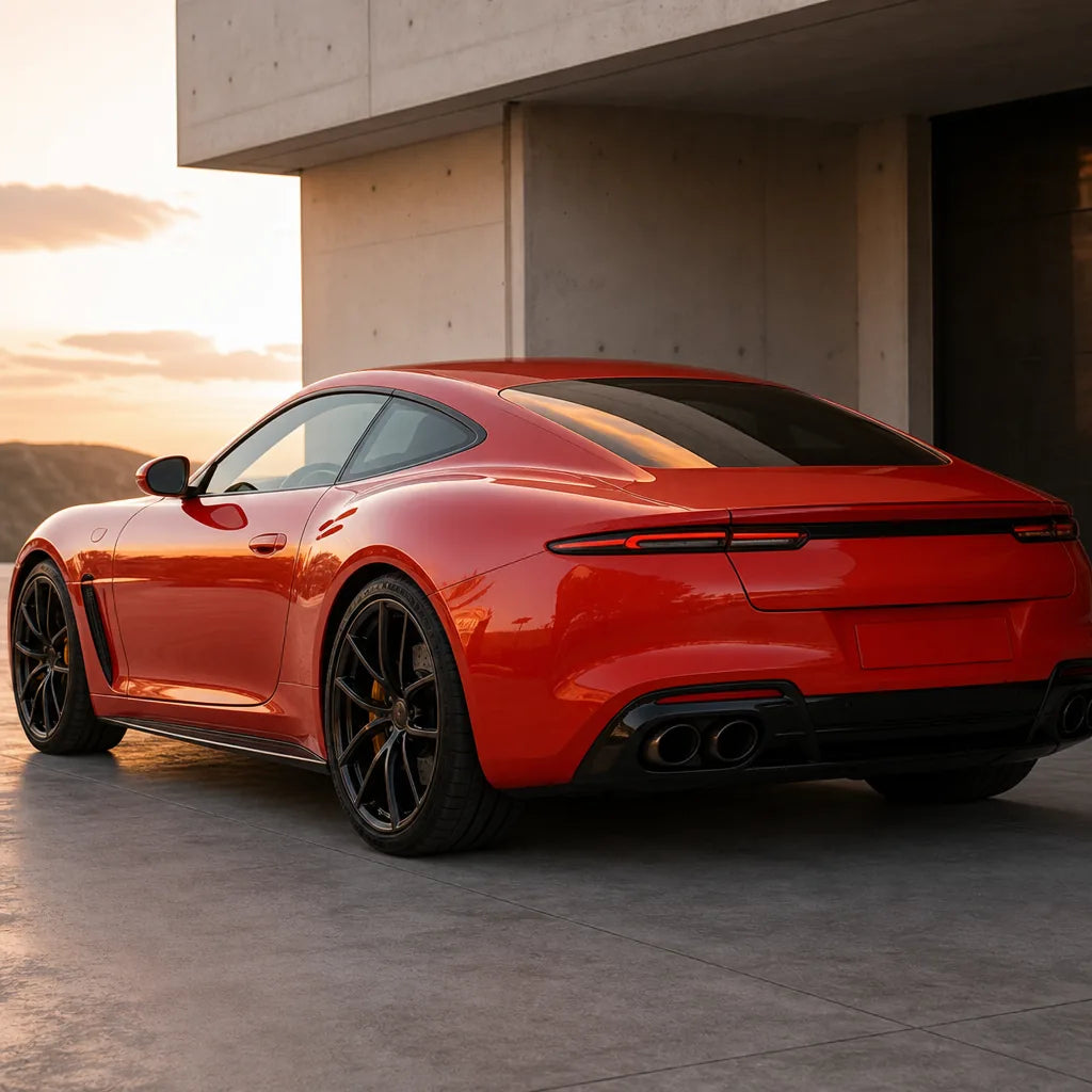 Luxury car wrapped in Porsche Lava Orange gloss colored PPF at golden hour | Veloro