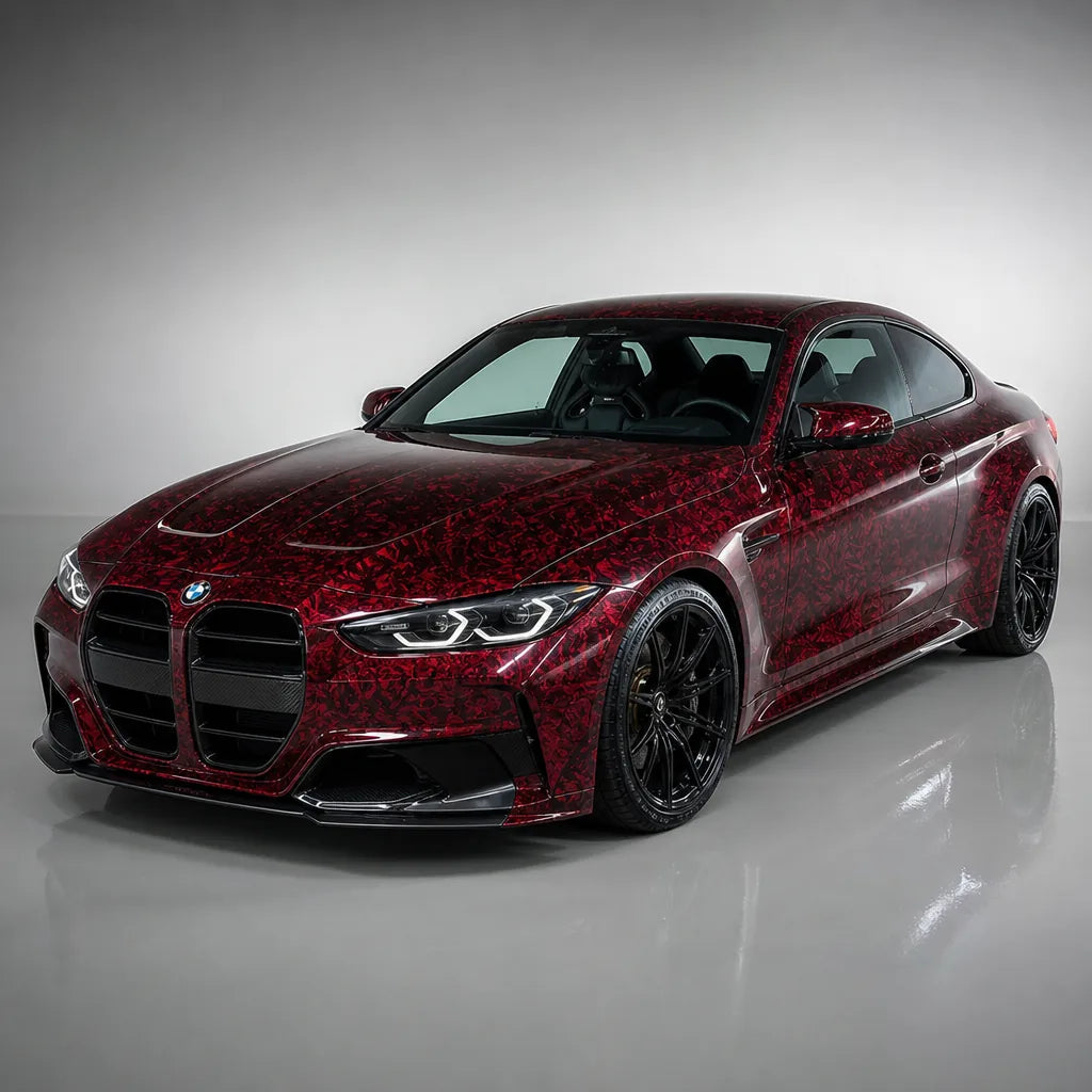 Red Forged Carbon PPF gloss colored PPF wrapped on a BMW M4 | Veloro