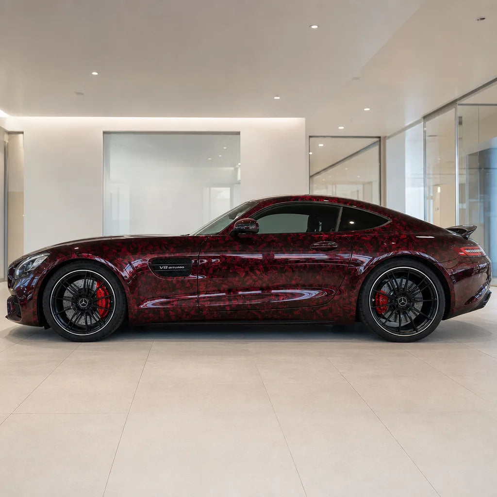 Red Forged Carbon PPF gloss colored PPF wrapped on a Mercedes-AMG GT side profile | Veloro