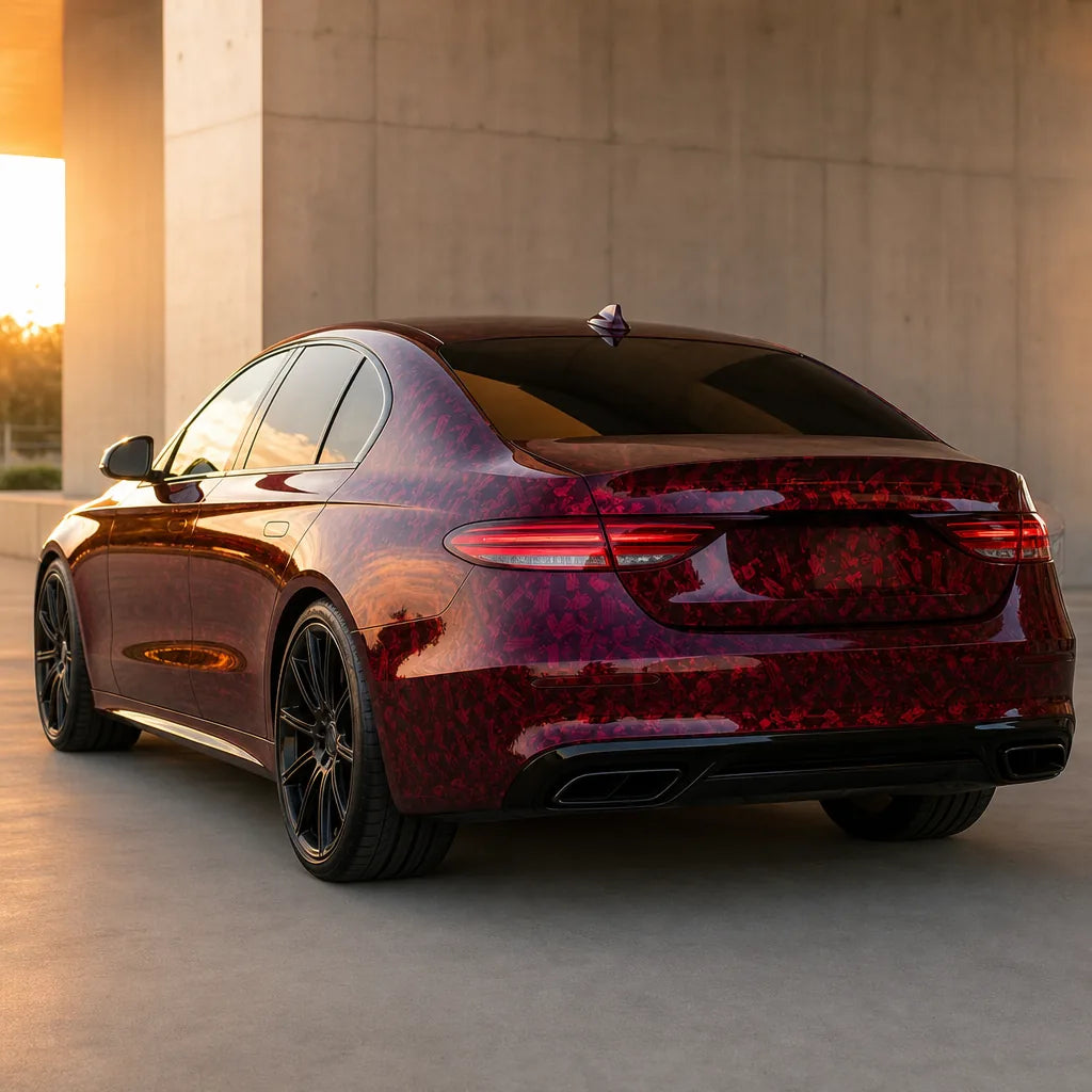 Luxury car wrapped in Red Forged Carbon PPF gloss colored PPF at golden hour | Veloro