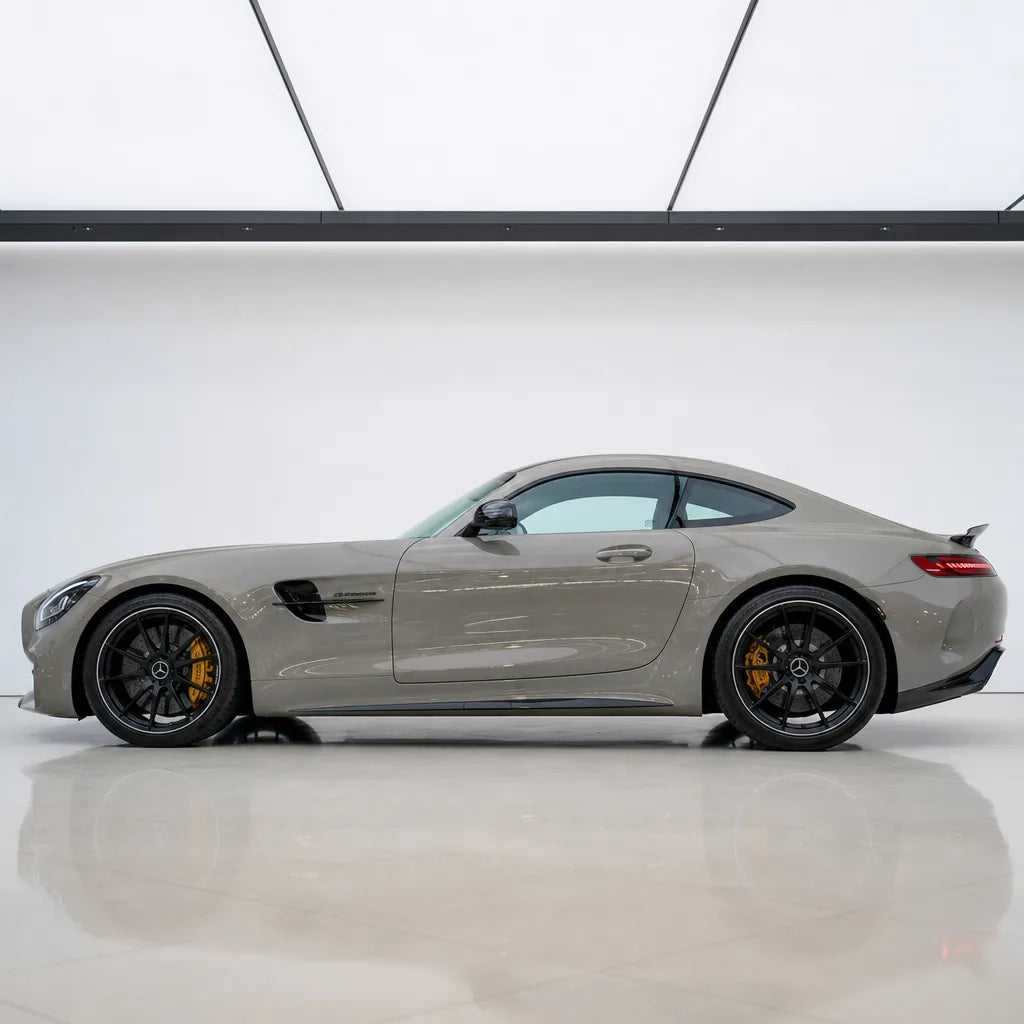 Rock Gray gloss colored PPF wrapped on a Mercedes-AMG GT side profile | Veloro