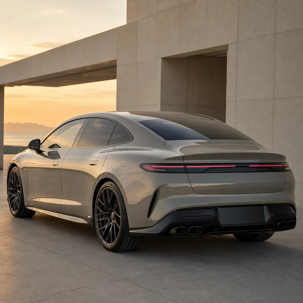 Luxury car wrapped in Rock Gray gloss colored PPF at golden hour | Veloro
