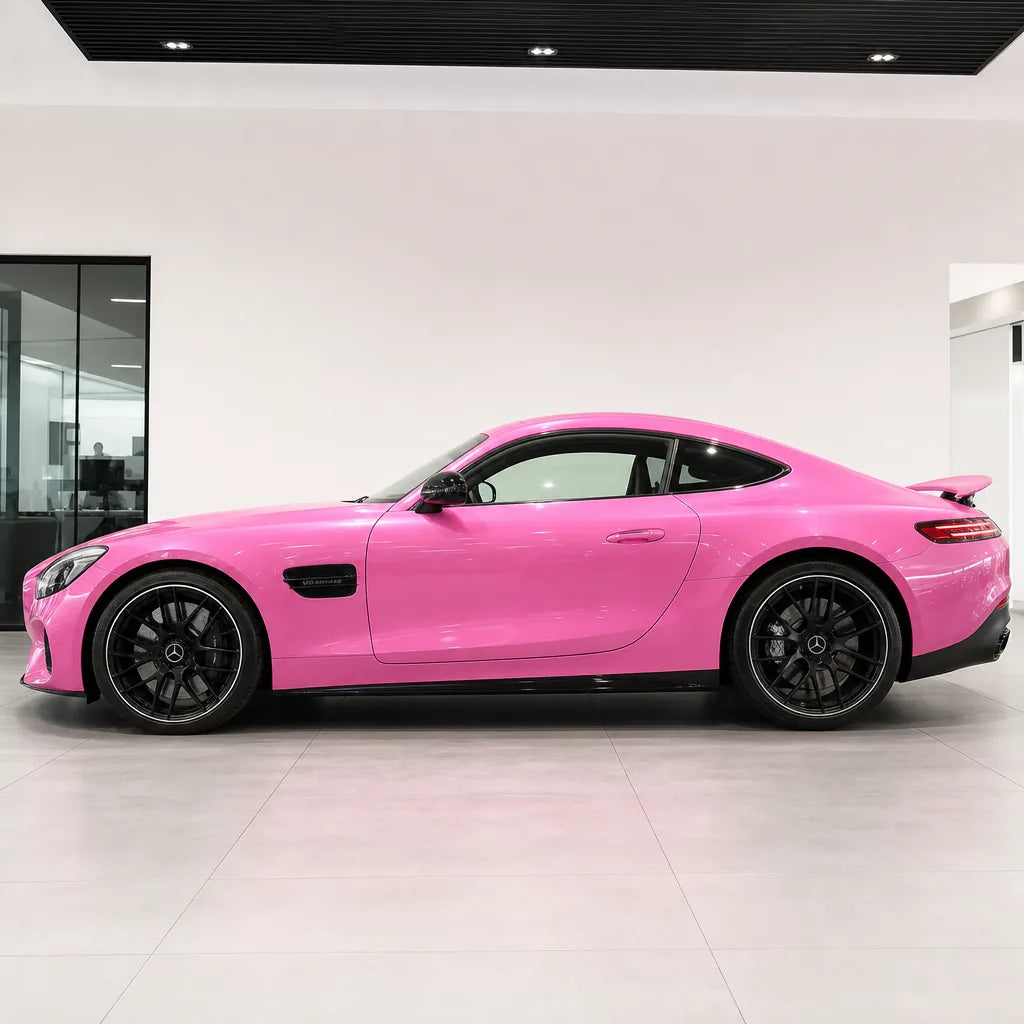Romantic Pink Color PPF gloss colored PPF wrapped on a Mercedes-AMG GT side profile | Veloro