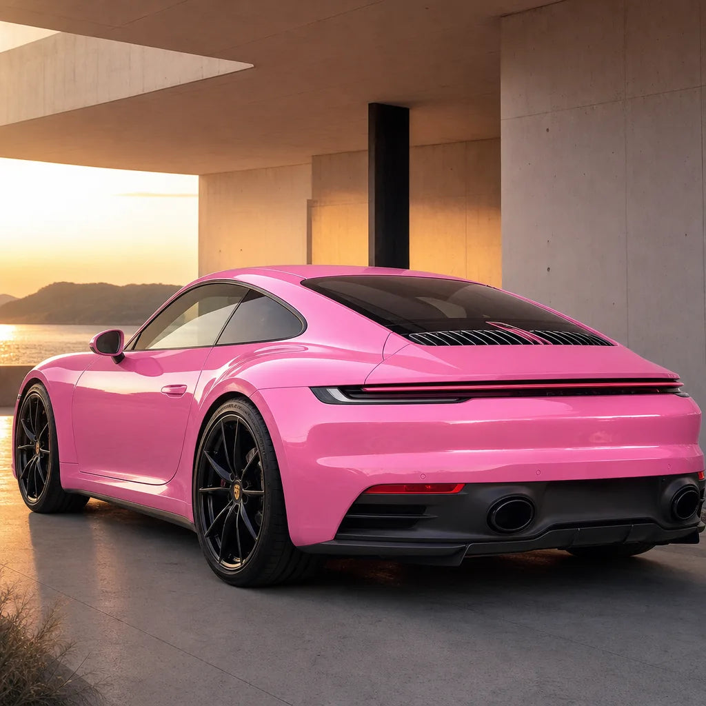 Luxury car wrapped in Romantic Pink Color PPF gloss colored PPF at golden hour | Veloro