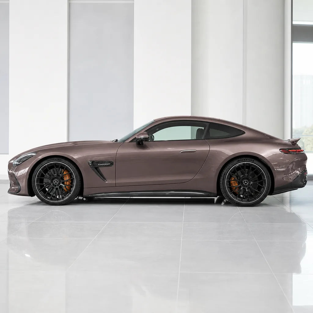 Rouge Pearl Pink gloss colored PPF wrapped on a Mercedes-AMG GT side profile | Veloro