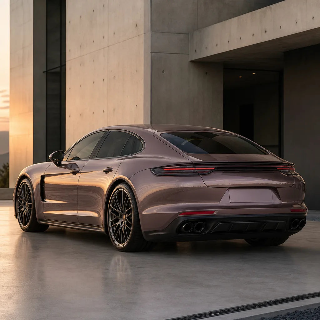 Luxury car wrapped in Rouge Pearl Pink gloss colored PPF at golden hour | Veloro