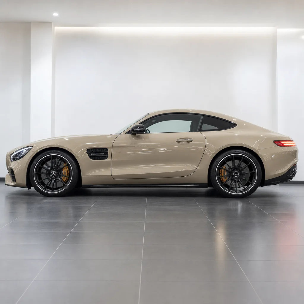 Sahara Yellow gloss colored PPF wrapped on a Mercedes-AMG GT side profile | Veloro