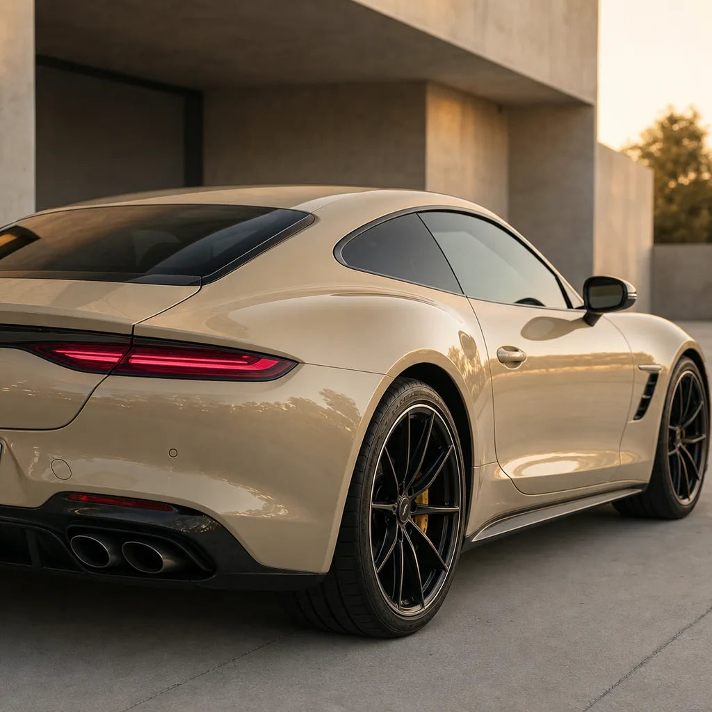 Luxury car wrapped in Sahara Yellow gloss colored PPF at golden hour | Veloro