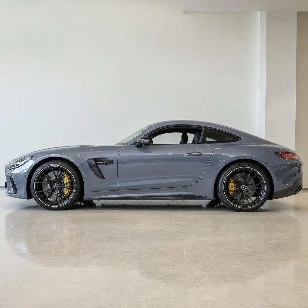 Shark Blue gloss colored PPF wrapped on a Mercedes-AMG GT side profile | Veloro