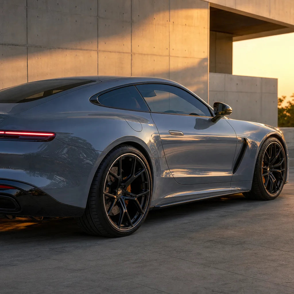 Luxury car wrapped in Shark Blue gloss colored PPF at golden hour | Veloro