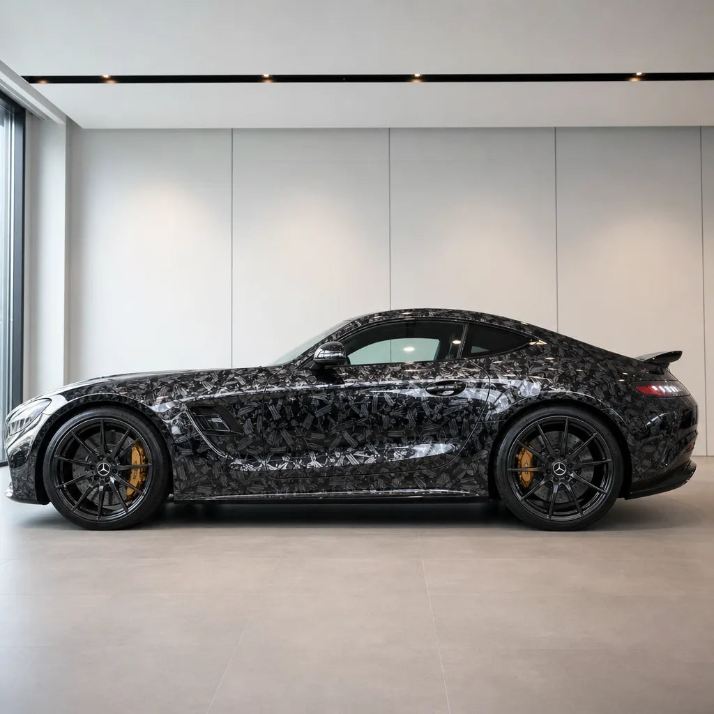 Silver Forged Carbon Fiber Color PPF gloss colored PPF wrapped on a Mercedes-AMG GT side profile | Veloro