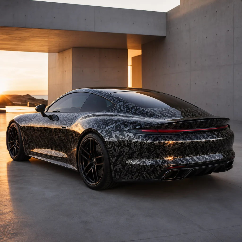 Luxury car wrapped in Silver Forged Carbon Fiber Color PPF gloss colored PPF at golden hour | Veloro