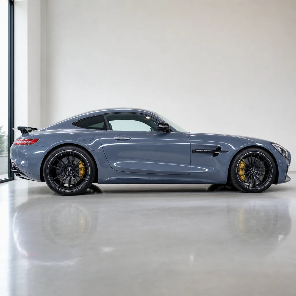 Slate Grey gloss colored PPF wrapped on a Mercedes-AMG GT side profile | Veloro