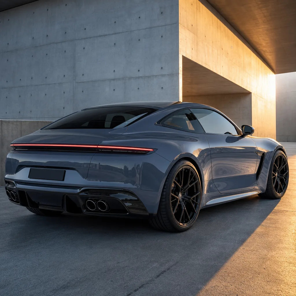 Luxury car wrapped in Slate Grey gloss colored PPF at golden hour | Veloro