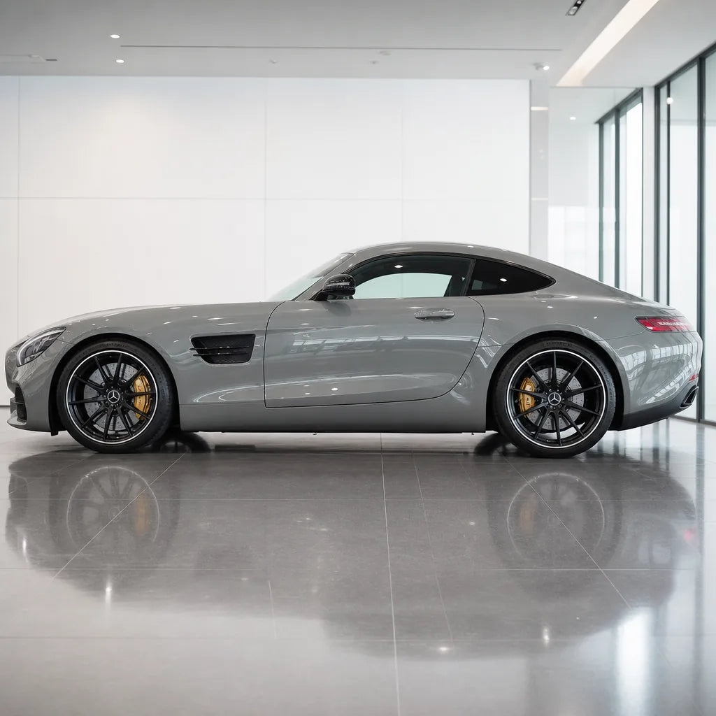 Slip Grey gloss colored PPF wrapped on a Mercedes-AMG GT side profile | Veloro