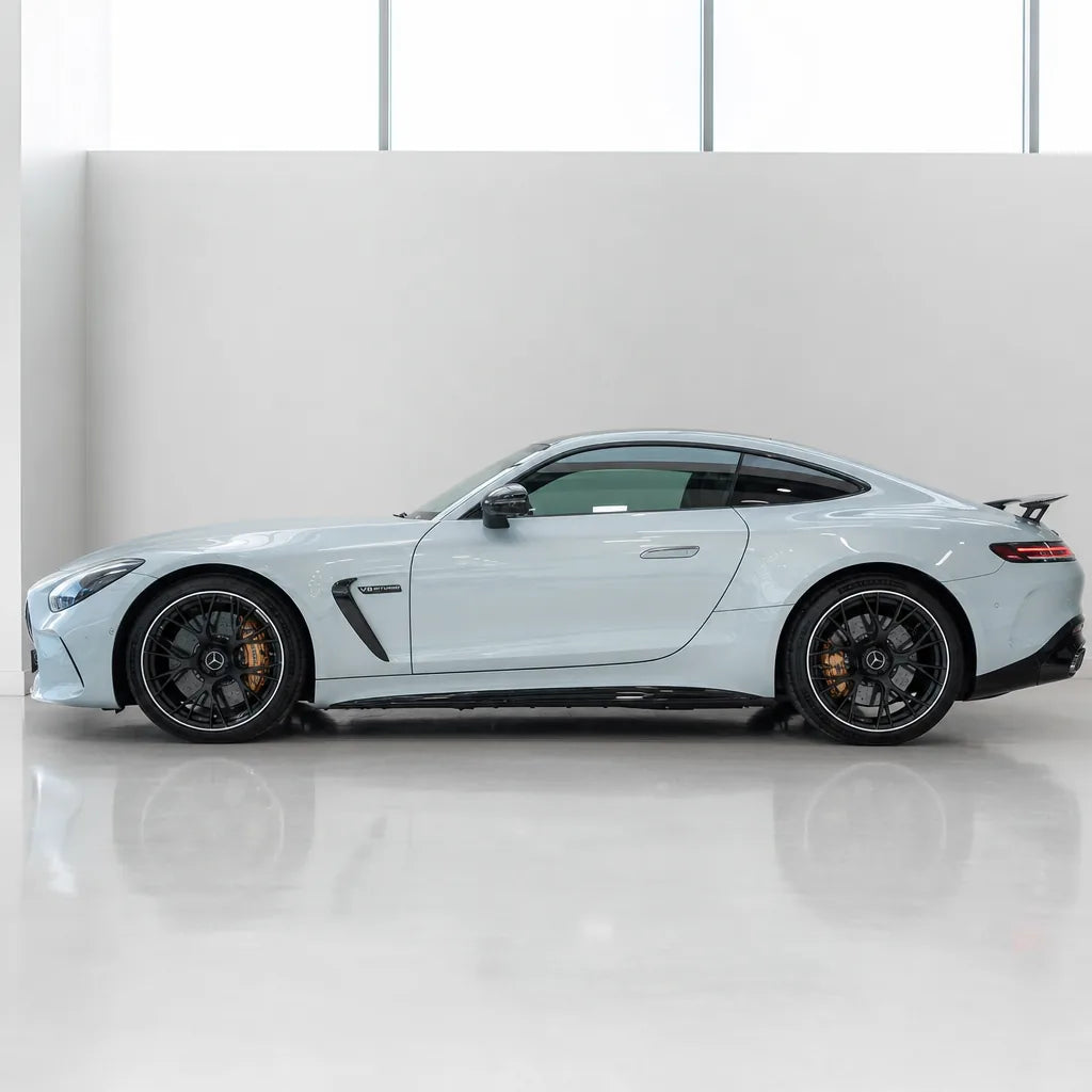 Soaring Grey Metallic gloss colored PPF wrapped on a Mercedes-AMG GT side profile | Veloro
