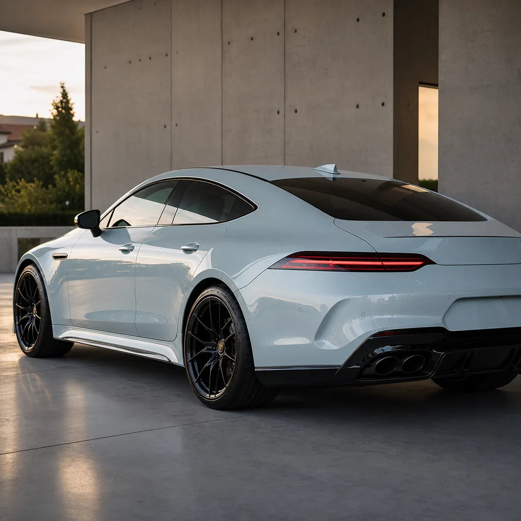 Luxury car wrapped in Soaring Grey Metallic gloss colored PPF at golden hour | Veloro