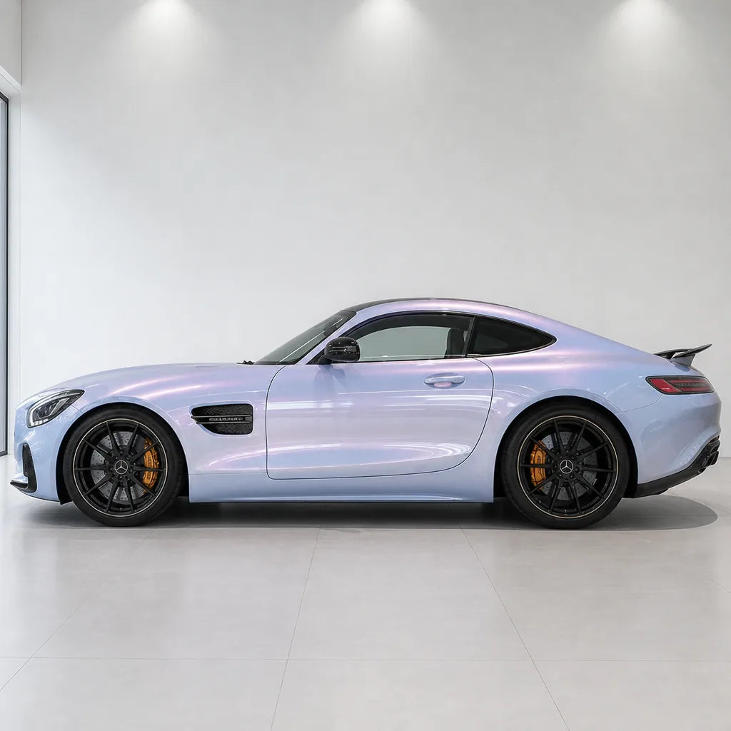 Starry Pink Gold gloss colored PPF wrapped on a Mercedes-AMG GT side profile | Veloro