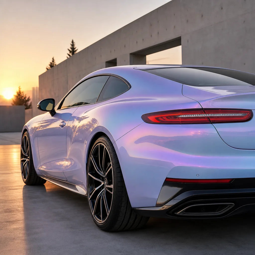 Luxury car wrapped in Starry Pink Gold gloss colored PPF at golden hour | Veloro