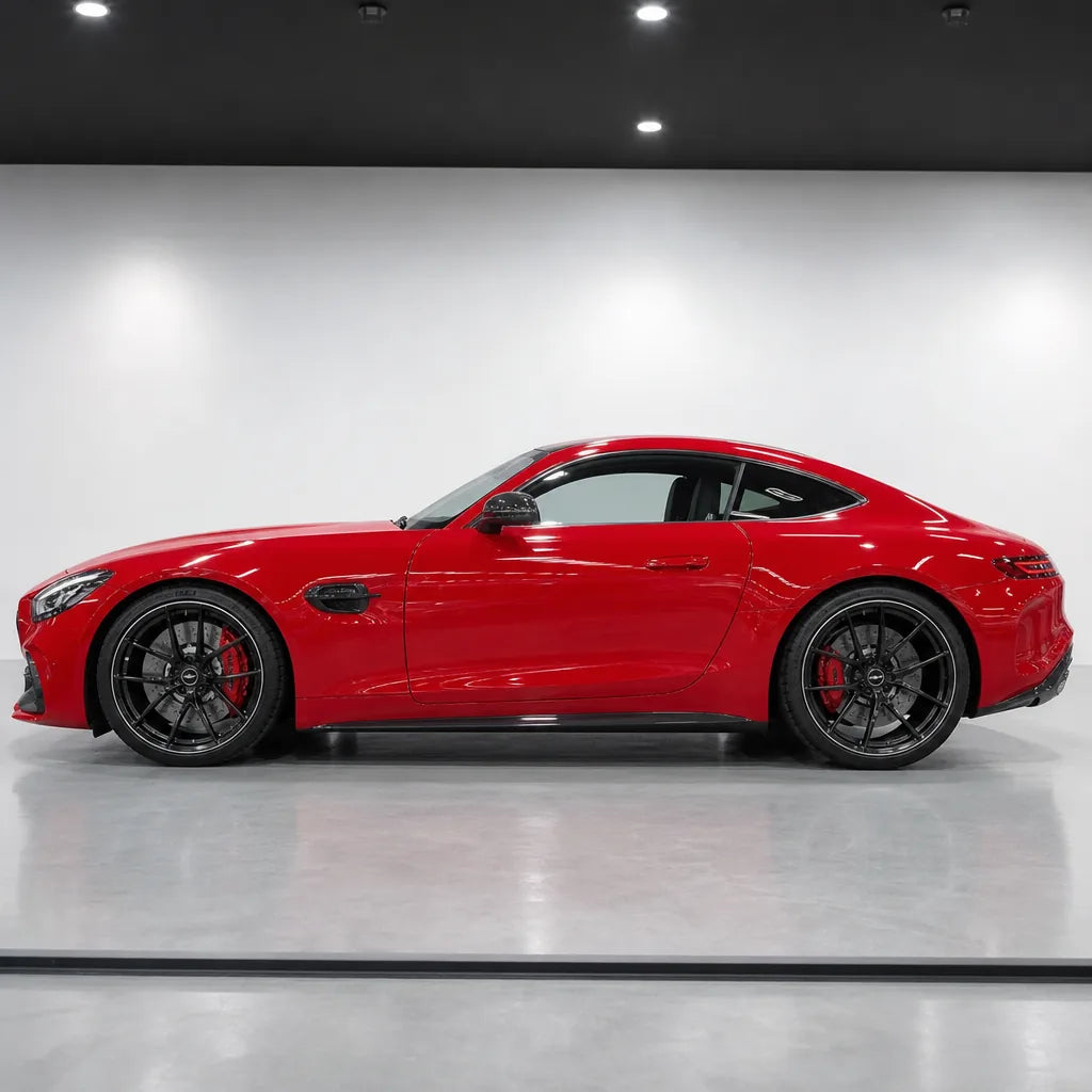 Strawberry Red gloss colored PPF wrapped on a Mercedes-AMG GT side profile | Veloro