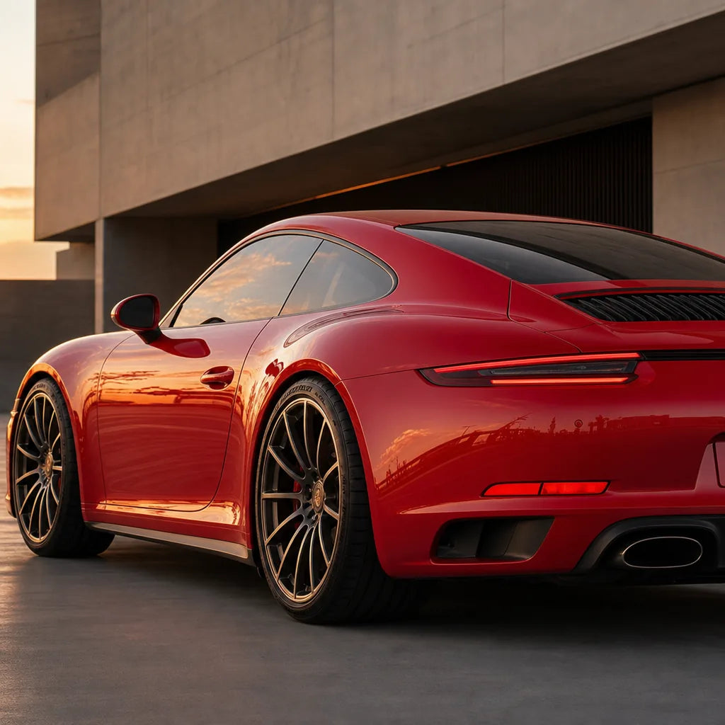Luxury car wrapped in Strawberry Red gloss colored PPF at golden hour | Veloro