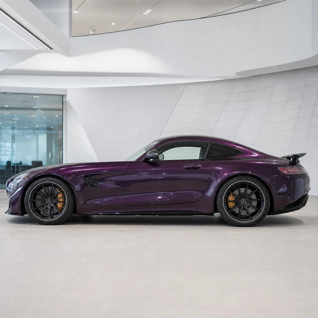 Super Bright Black Magic Purple gloss colored PPF wrapped on a Mercedes-AMG GT side profile | Veloro