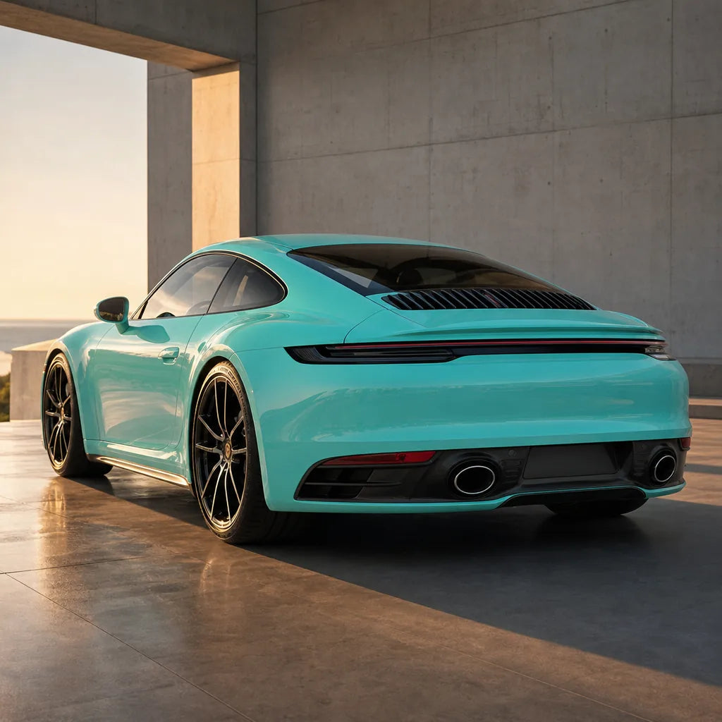 Luxury car wrapped in Tiffany Blue gloss colored PPF at golden hour | Veloro