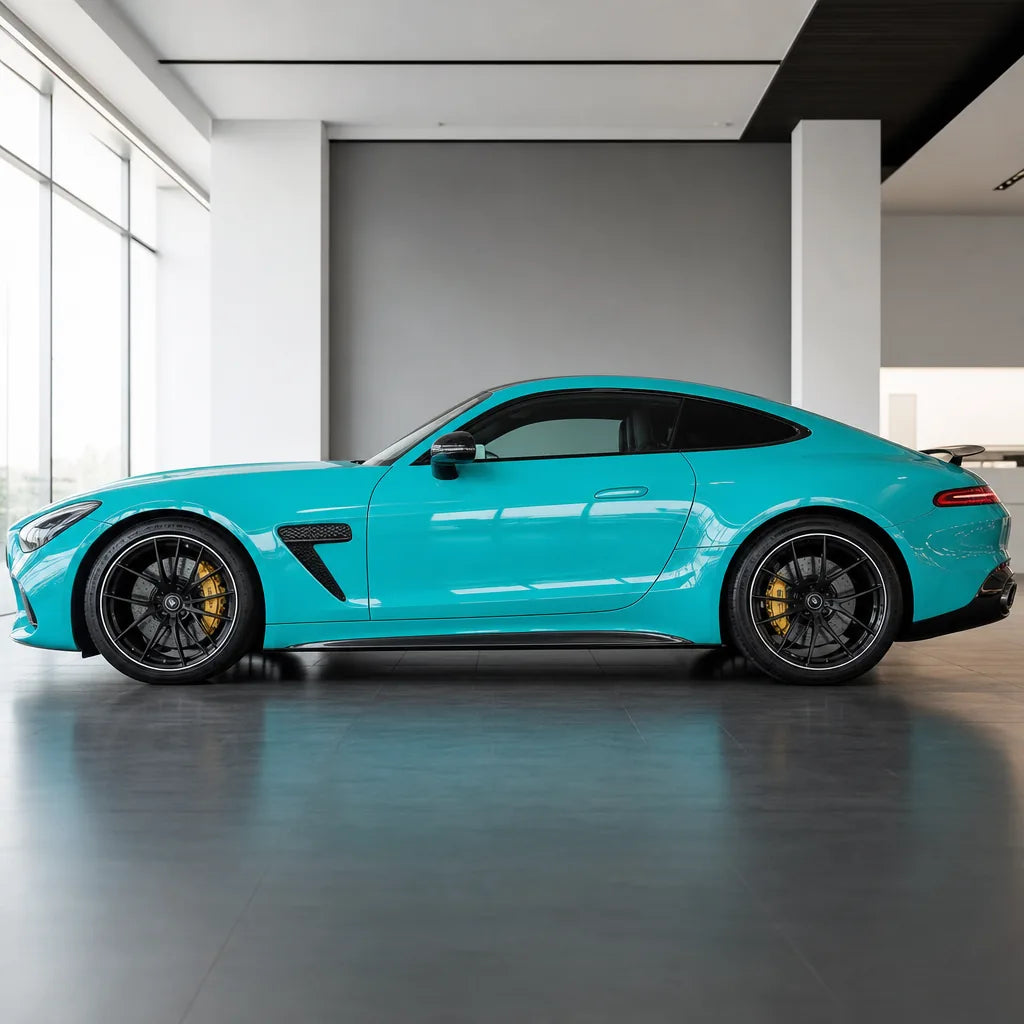 Turquoise Blue gloss colored PPF wrapped on a Mercedes-AMG GT side profile | Veloro