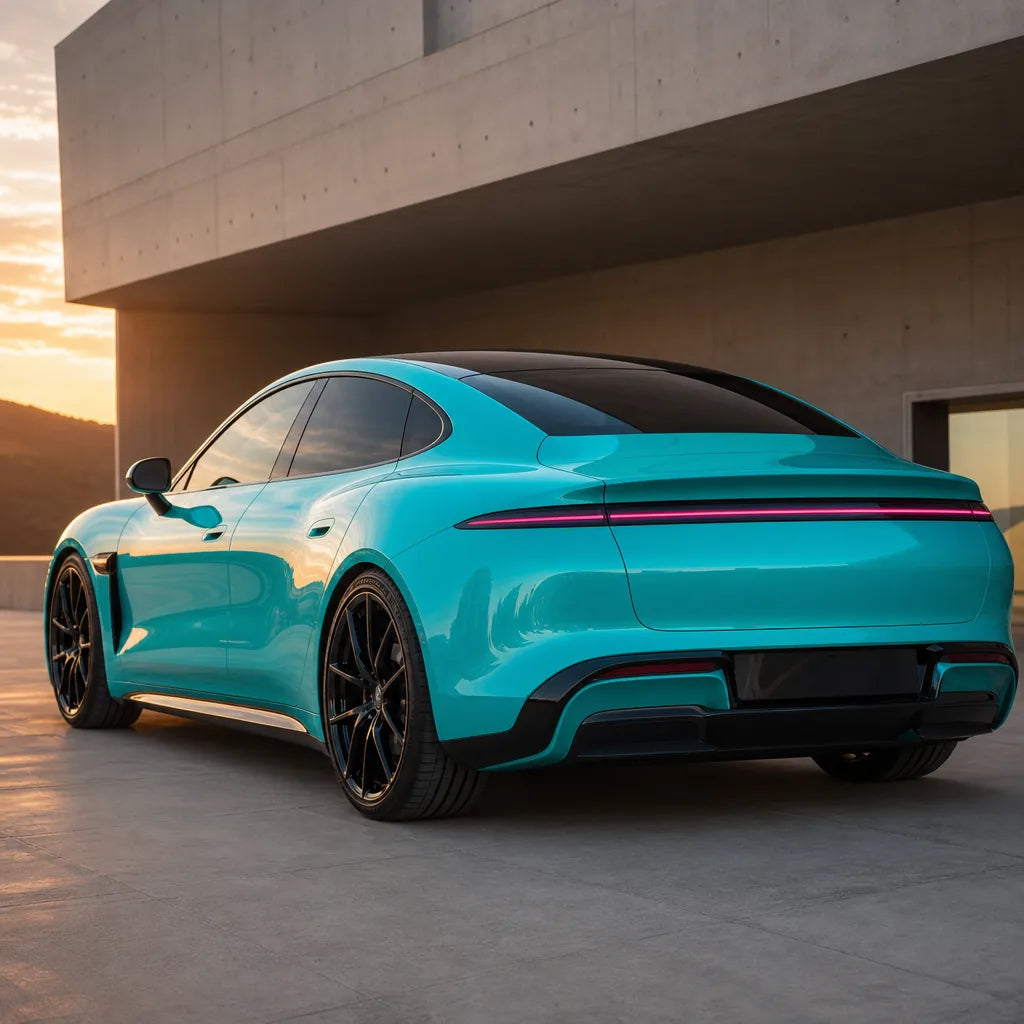 Luxury car wrapped in Turquoise Blue gloss colored PPF at golden hour | Veloro