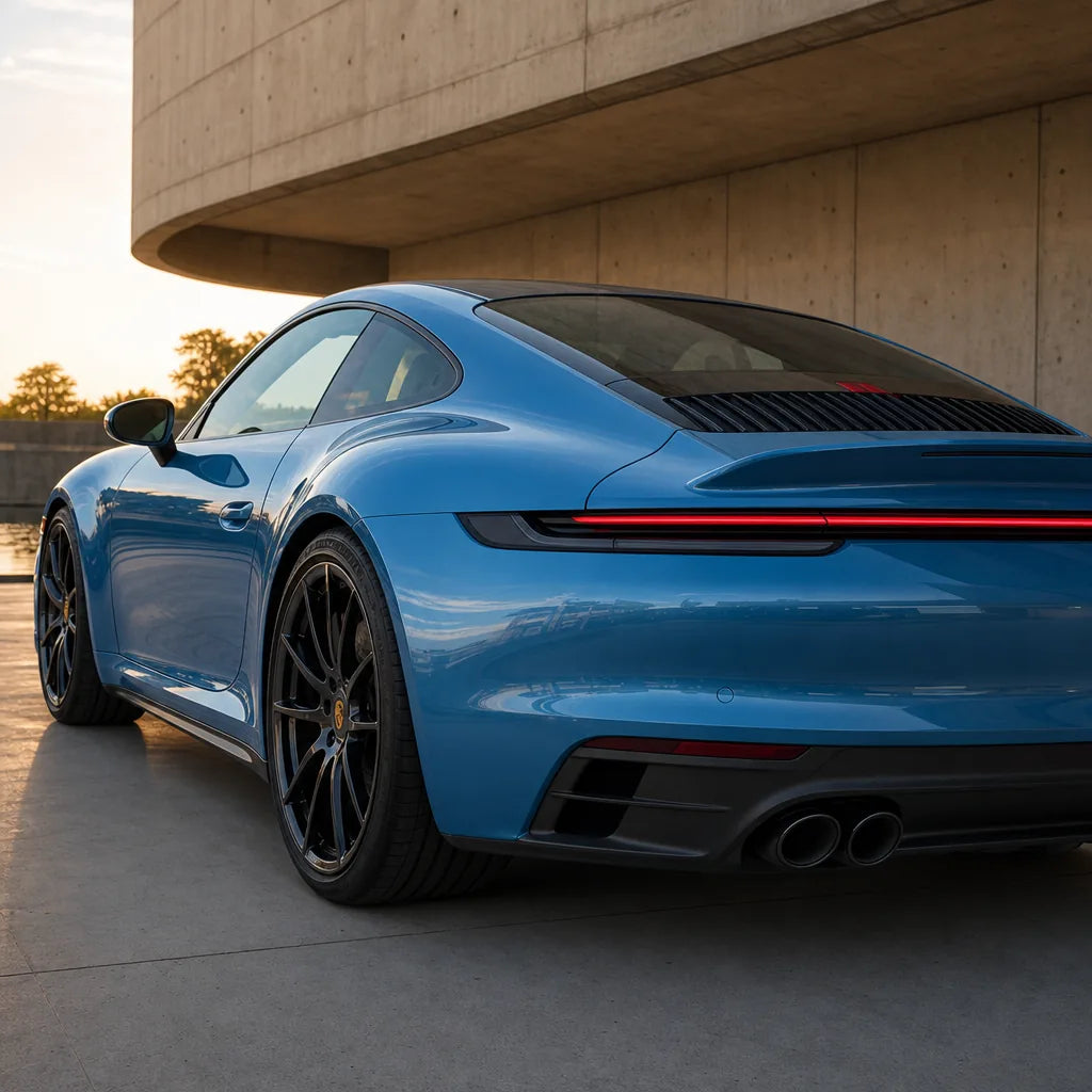 Luxury car wrapped in Tuscany Blue gloss colored PPF at golden hour | Veloro