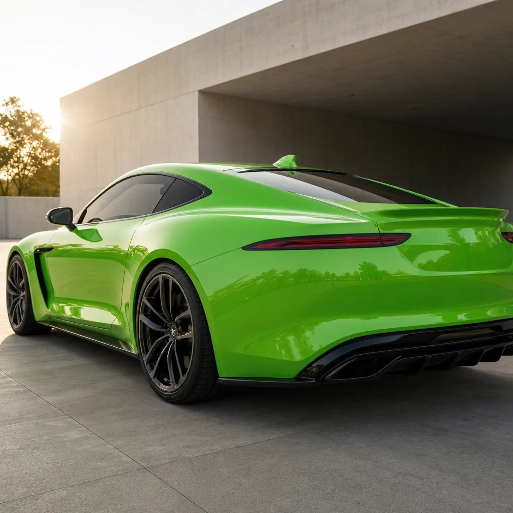 Luxury car wrapped in Viper Green gloss colored PPF at golden hour | Veloro