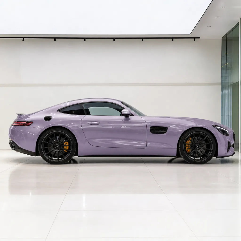 Metallic Violet Light Purple gloss colored PPF wrapped on a Mercedes-AMG GT side profile | Veloro