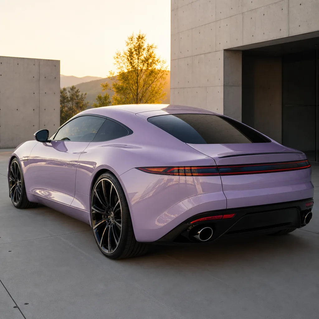 Luxury car wrapped in Metallic Violet Light Purple gloss colored PPF at golden hour | Veloro