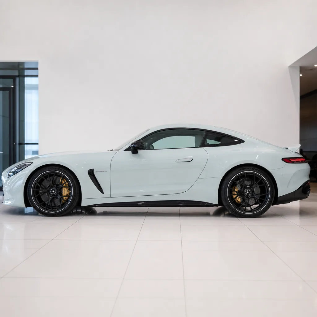 Volcano Grey gloss colored PPF wrapped on a Mercedes-AMG GT side profile | Veloro