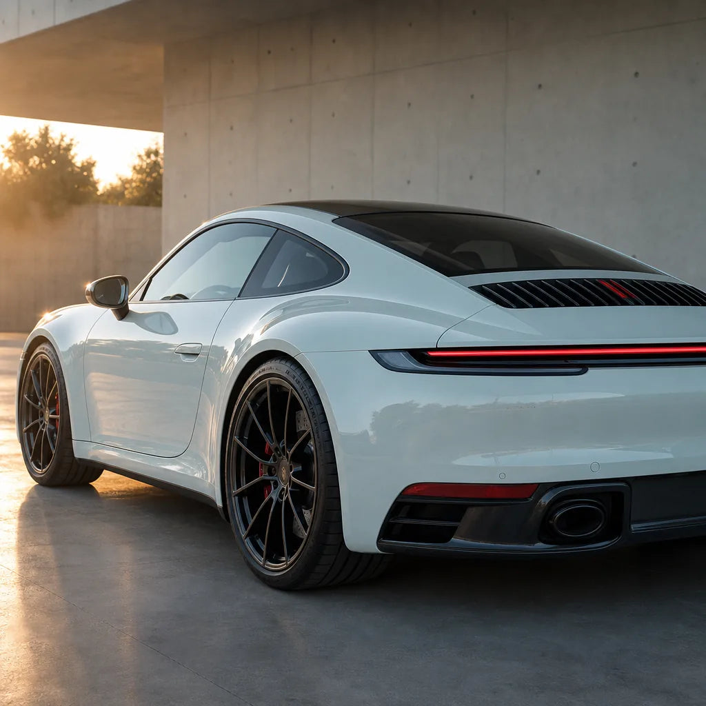Luxury car wrapped in Volcano Grey gloss colored PPF at golden hour | Veloro