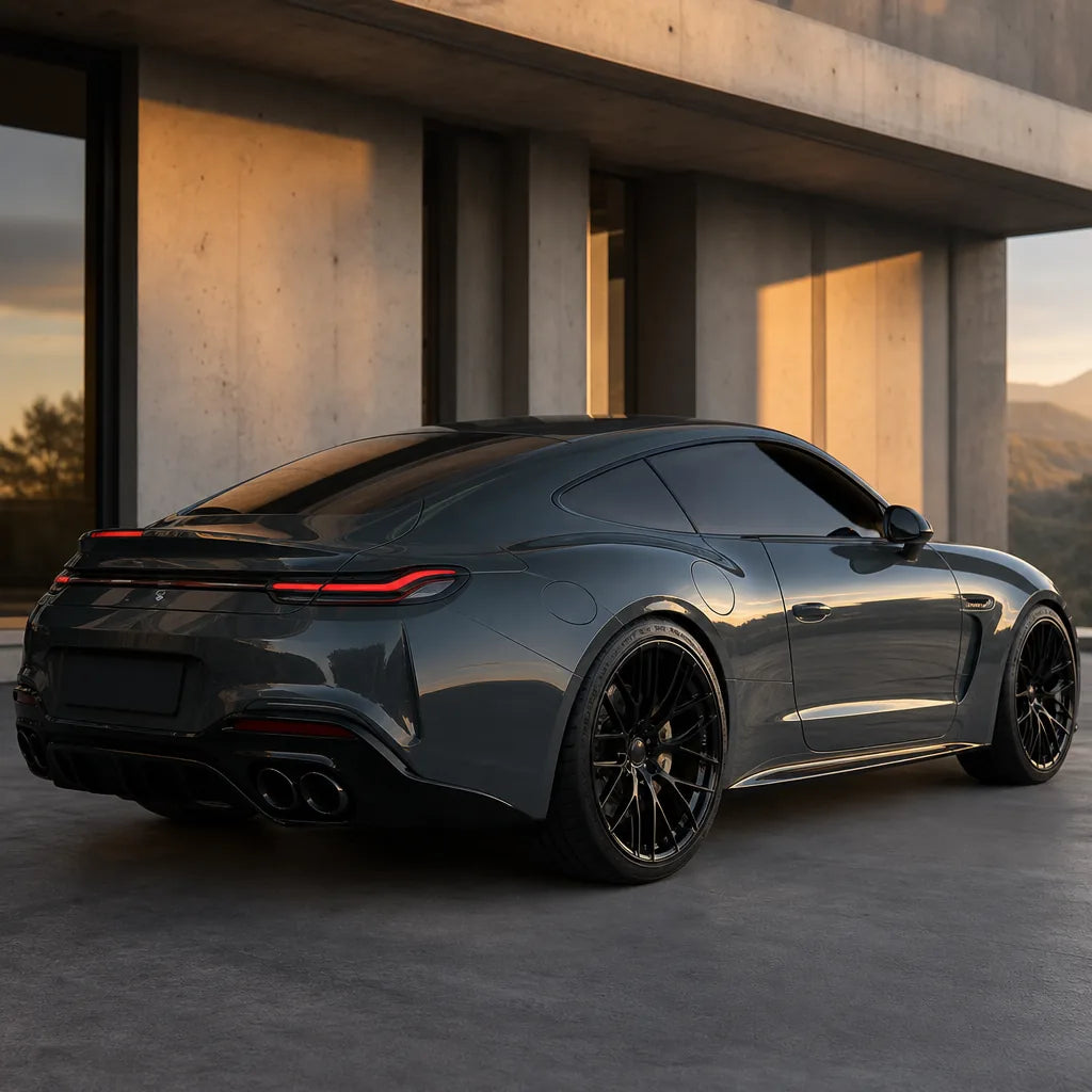 Luxury car wrapped in Yugali Blue gloss colored PPF at golden hour | Veloro