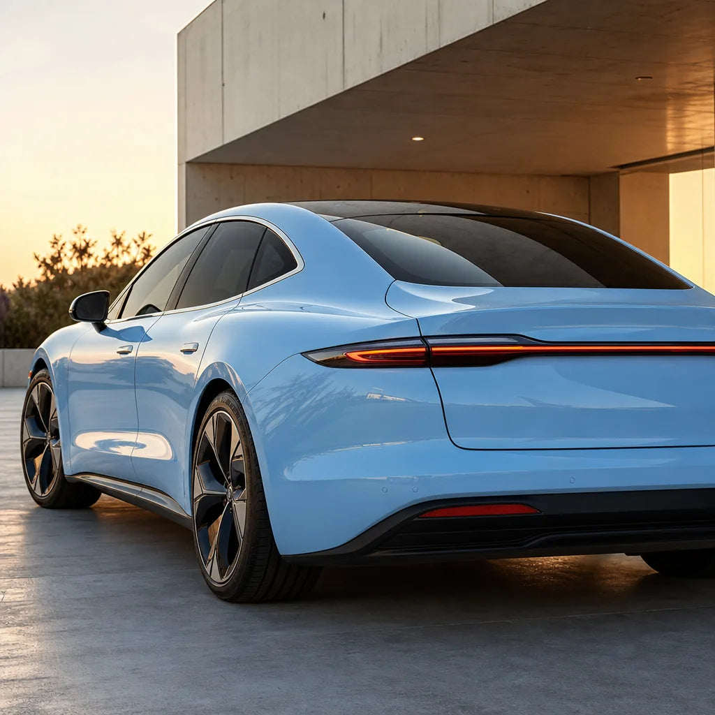 Luxury car wrapped in Zandvoort Blue gloss colored PPF at golden hour | Veloro