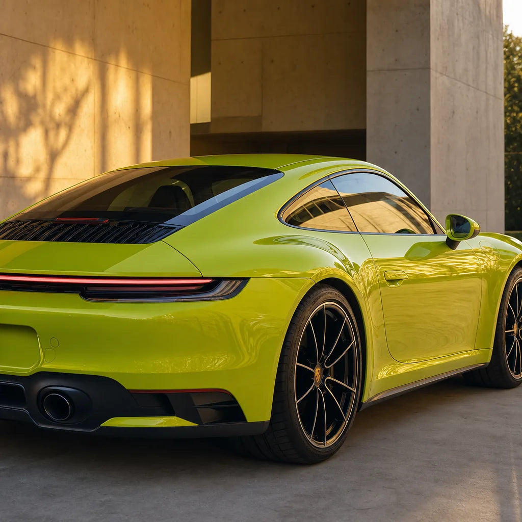 Luxury car wrapped in Glossy Acid Green gloss colored PPF at golden hour | Veloro