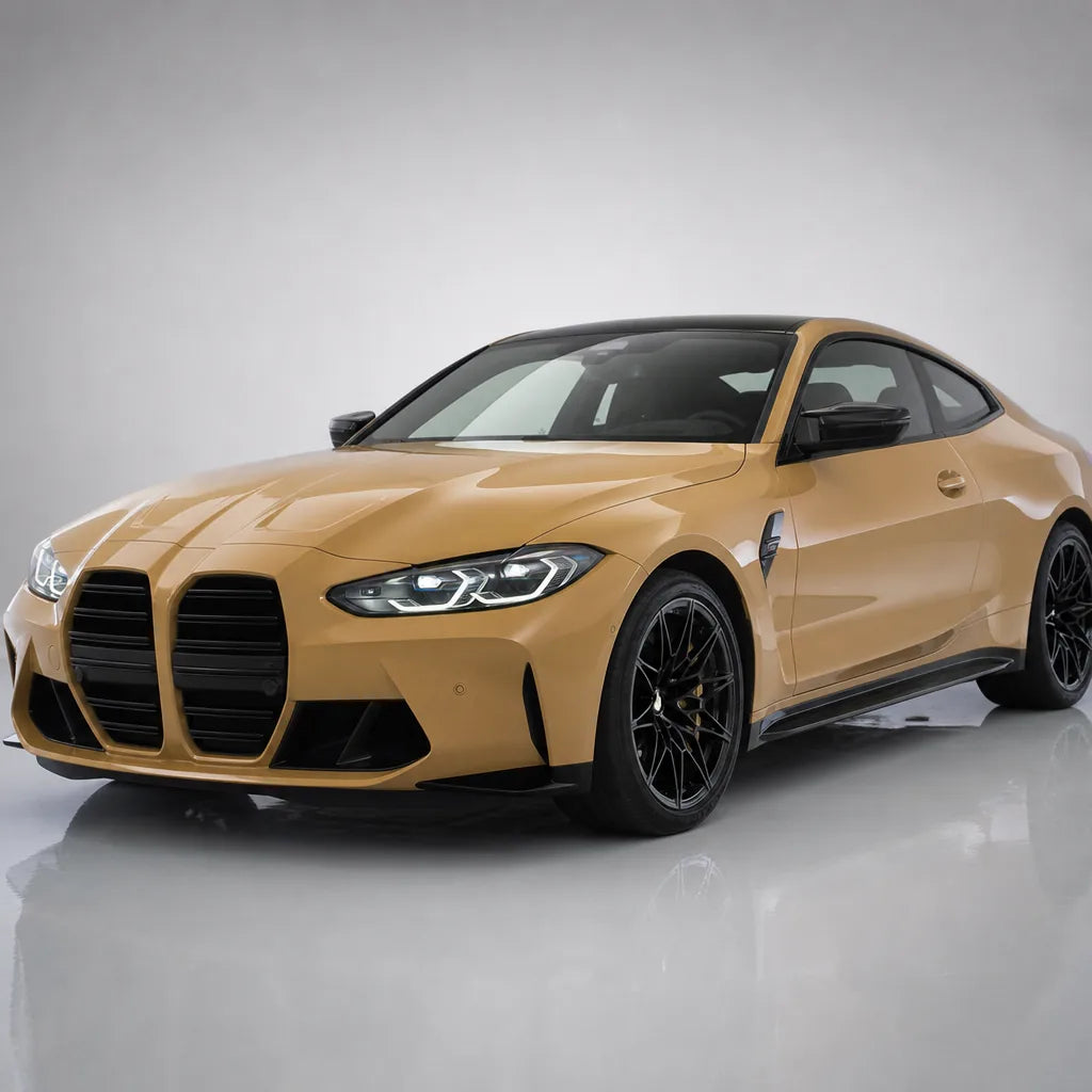 Glossy AMG Desert Yellow gloss colored PPF wrapped on a BMW M4 | Veloro