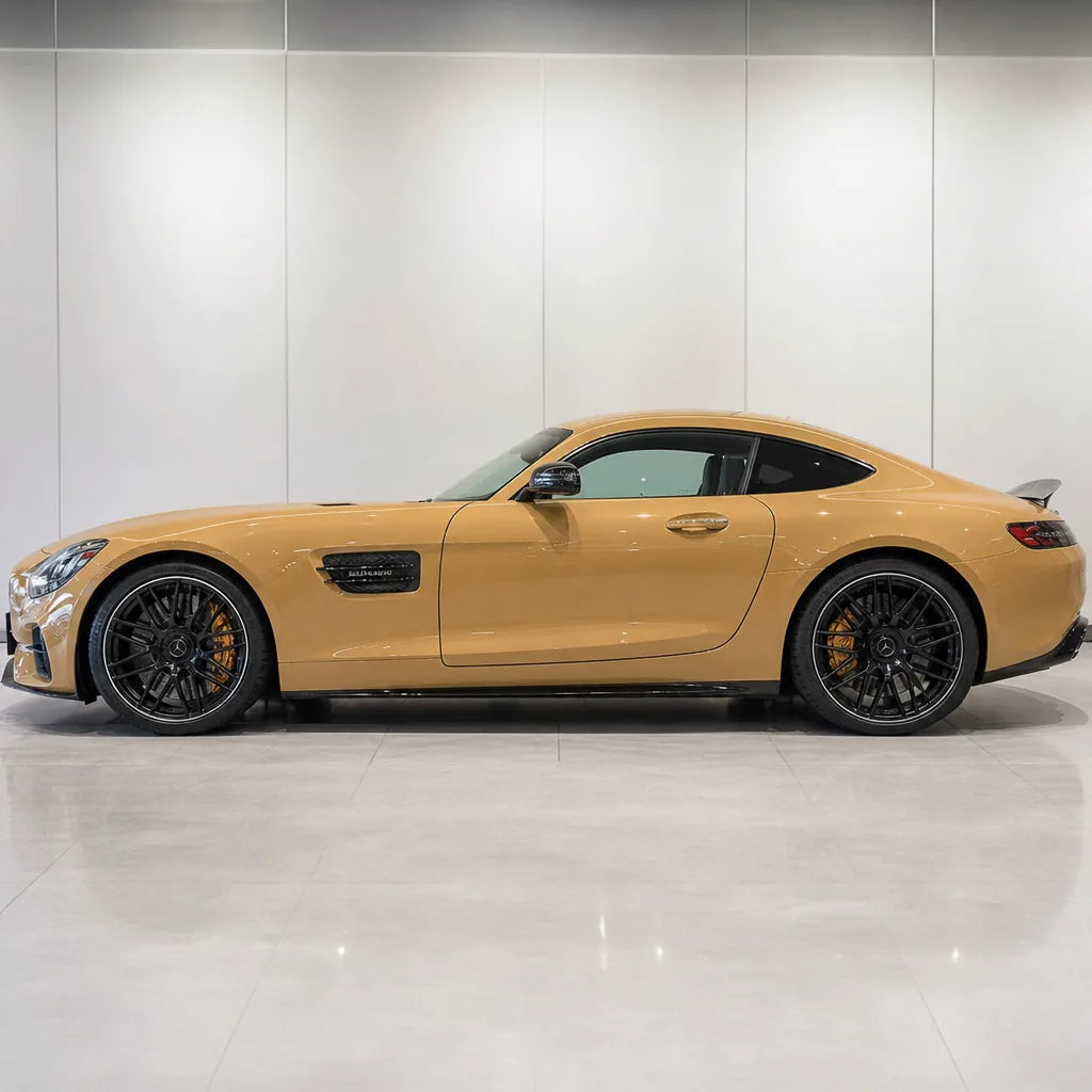 Glossy AMG Desert Yellow gloss colored PPF wrapped on a Mercedes-AMG GT side profile | Veloro