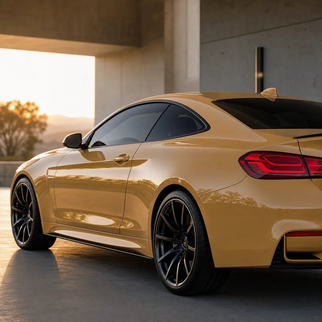 Luxury car wrapped in Glossy AMG Desert Yellow gloss colored PPF at golden hour | Veloro
